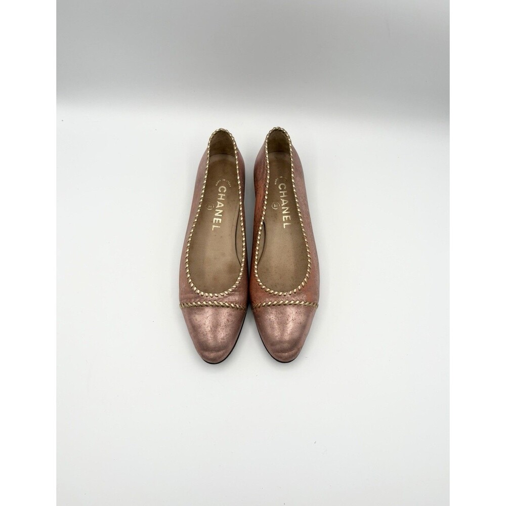 Chanel Pink Metallic Leather Ballet Flats w/ Gold Whipstitch Accent Size EU 36.5